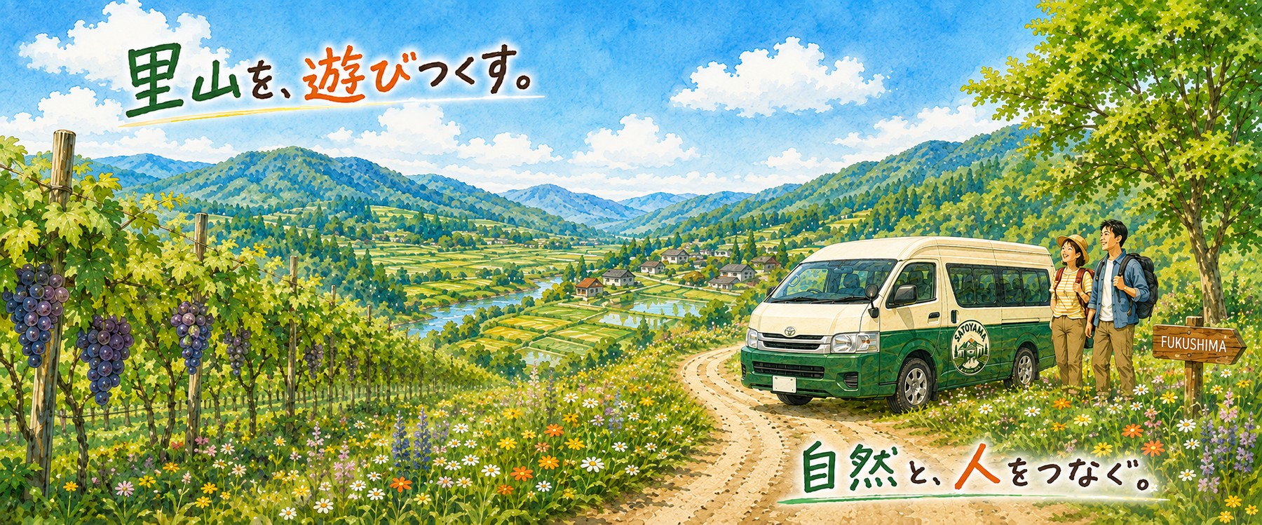 里山を、遊びつくす。自然と、人をつなぐ。福島の里山風景とツアー車両のイラスト